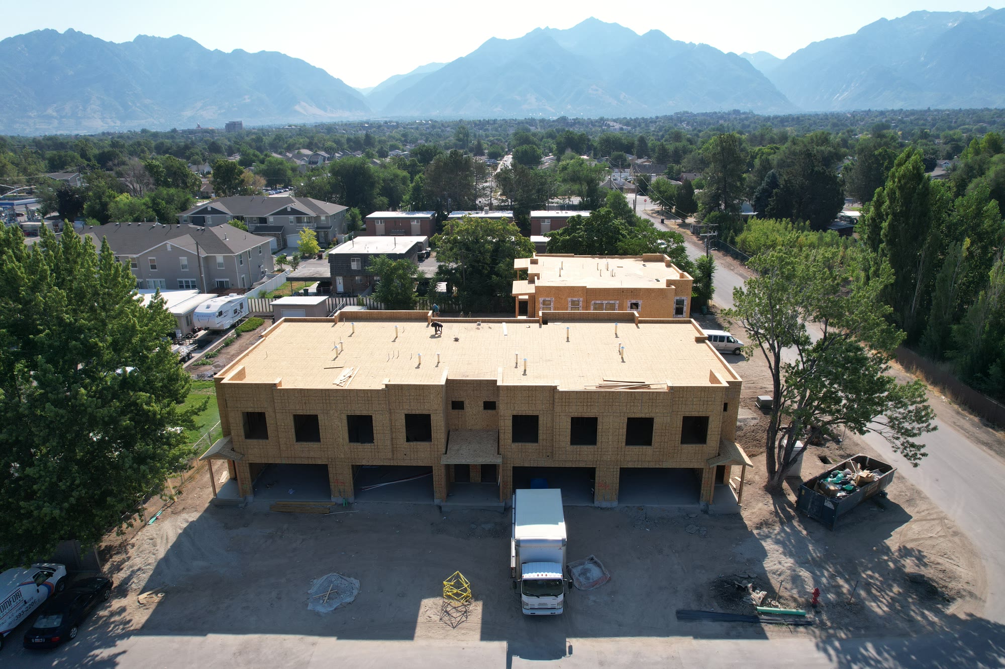 The framed townhomes from the air