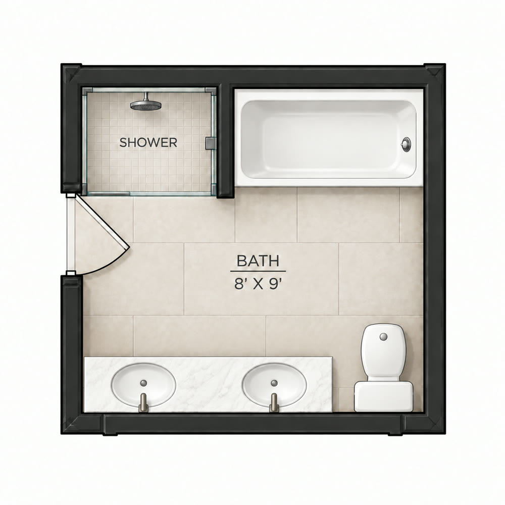 Rendered alternative bath: walk-in shower, tub, dual vanity and toilet in an 8 by 9 foot room