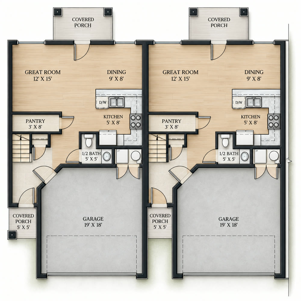Rendered main floor plan for two units: great room, dining, kitchen, pantry, half bath, covered porches and two-car garage