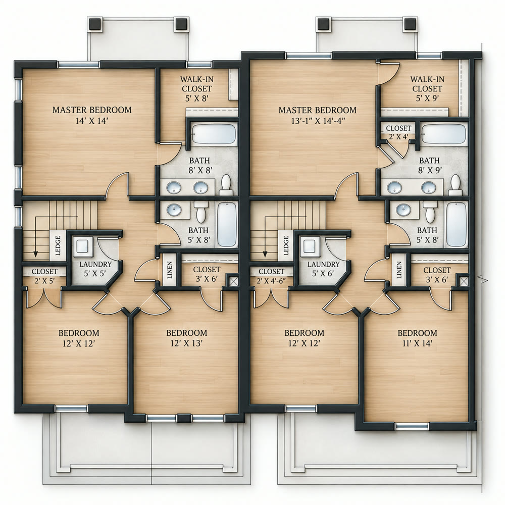 Rendered upper floor plans for both units: primary suite with walk-in closet and bath, two more bedrooms, second bath and laundry